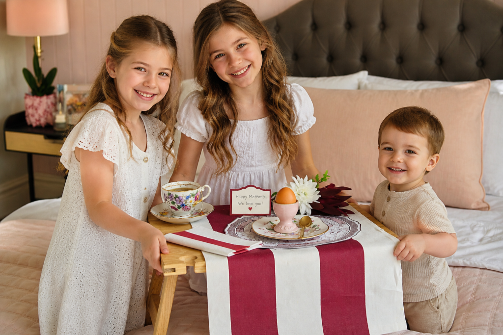 Two young girls and a toddler boy proudly serving a Mother’s Day breakfast in bed with a burgundy and white striped tablescape.